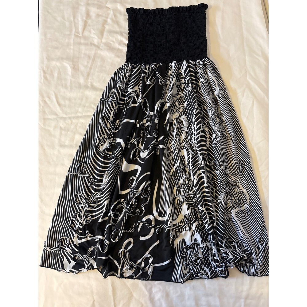 Absolutely Black White Abstract Print Smocked Strapless Midi Dress Skirt Medium
